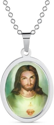 Bling Jewelry Unisex Personalisierter ovaler religiöser Medaillon Anhänger mit heiligem Herzen Jesu Foto für Männer Teenager silberfarben aus Edelstahl anpassbar