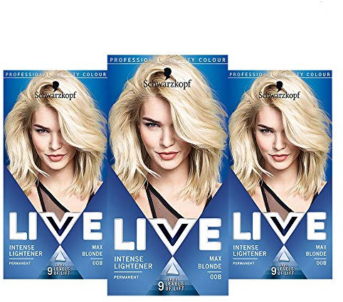 Schwarzkopf Live Intense Blond Aufheller, 3er Pack Permanent Aufhellende Farbe mit Anti-Vergilbung, 00B Max Blond