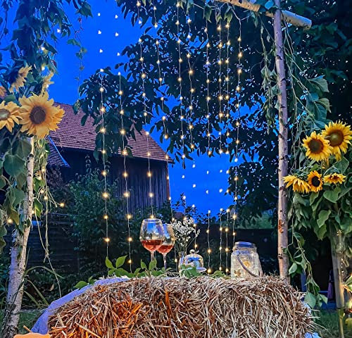 hellum LED Lichtervorhang innen mit 20 Strängen und 300 LEDs in Tauperlenform, beleuchtet 1,90m x 1,50m mit Timer, warmweiß, Lichtervorhang für außen, Weihnachtsbeleuchtung, <59 Lumen 577631