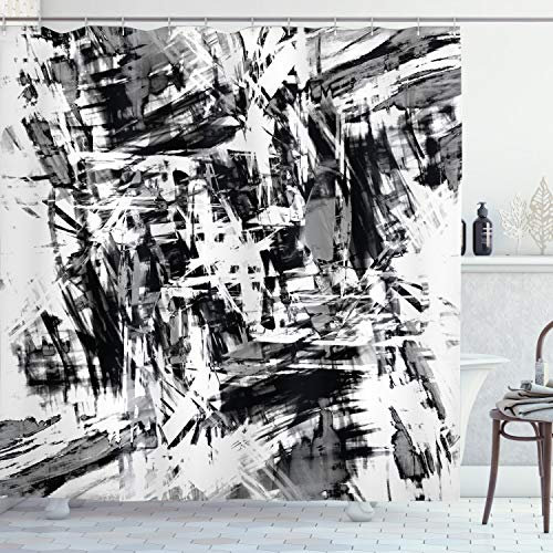 ABAKUHAUS Bianco e nero Tenda da Doccia, grunge opera, Tessuto Set di Decorazioni per il Bagno con Ganci, per la vasca da bagno, 175 cm x 200 cm, Nero Bianco Grigio
