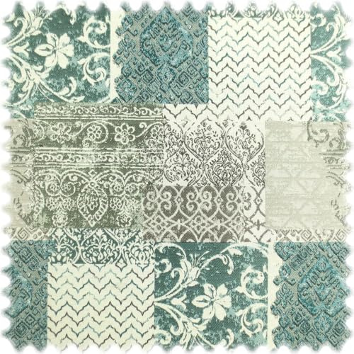 Jacquard Flachgewebe Möbelstoff Klassik Perlweiss/Grün/Petrol im Patchwork Design