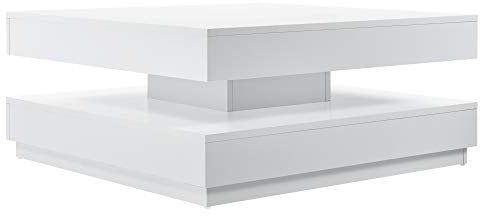[en.casa] Mesa de Centro Florenz Mesa Baja Cuadrada con Tablero Giratorio y Estante Mueble Auxiliar Mesita para Salón 76 x 76 x 38 cm - Blanco