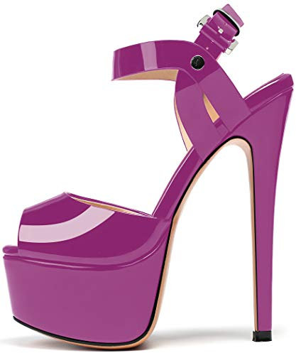 elashe- Donna con Tacco e Plateau - Sandali col Tacco Blocco Alto- Cinturino alla Caviglia- Scarpe con Plateau Viola EU42