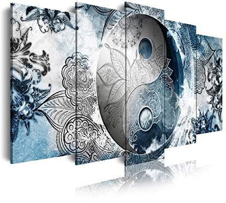 DekoArte 555 - Cuadros Modernos Impresión de Imagen Artística Digitalizada | Lienzo Decorativo Para Tu Salón o Dormitorio | estilo étnico ying y yang colores plata azul, | 5 Piezas 150 x 80 cm
