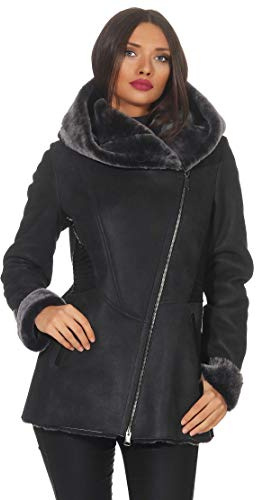 Hollert Damen Lammfelljacke Lena Winterjacke aus Merino Schaffell Echtleder mit Kapuze Größe XXL, Farbe Dunkelgrau