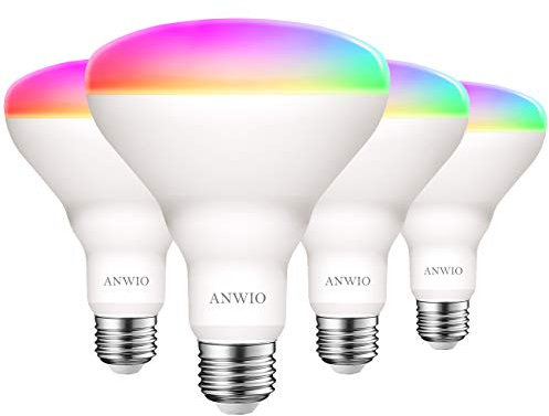 4x 9W Bombillas Inteligentes LED E27 RGB WiFi, BR63 Equivalente a 60W, 806 Lúmenes, Funciona con Alexa, Google Home y Smart Life, ANWIO.