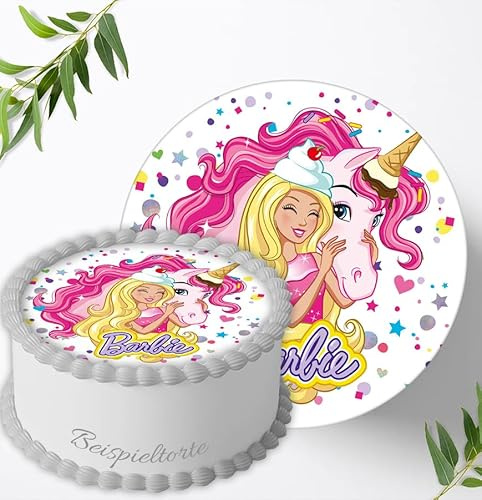 Für den Geburtstag ein Zuckerbild, Oblate mit dem Motiv: Einhorn, Barbie zum selbst ausschneiden, Essbares Foto für Torten, Tortenbild, Tortenaufleger Ø 20 cm 00043-E (Oblatenpapier)