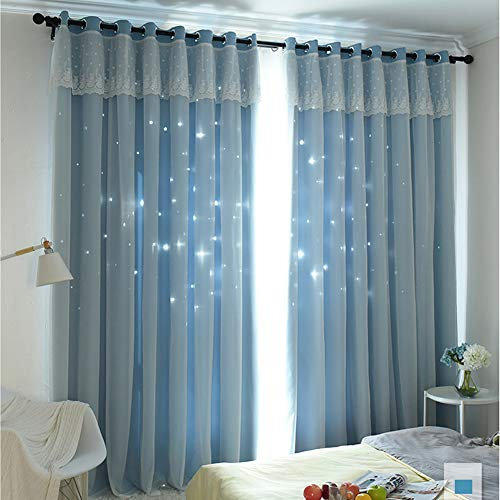Michorinee Kinderzimmer Gardinen Mädchen Vorhang Hohle Sterne Prinzessin Verdunkelung Kräuselband Blickdicht Ösenschal Spitze Voile Blau für Mädchenzimmer 240 × 132cm (H × B)