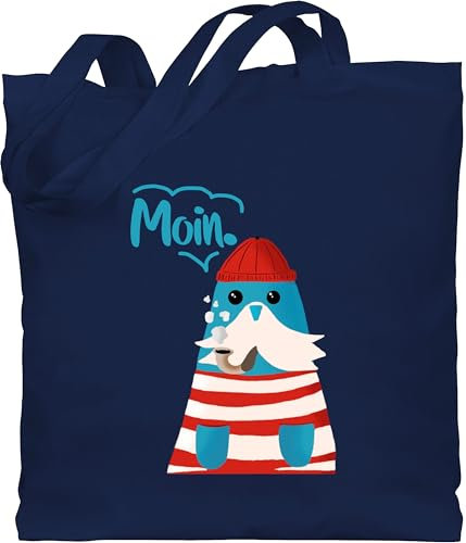 Baumwolltasche - Sprüche Statement - Moin Walross - Unisize - Navy Blau - tragetasche mit tieren statements ostsee stoffbeutel sprüchen jutebeutel spruch einkaufstasche spruche tasche sprüchen