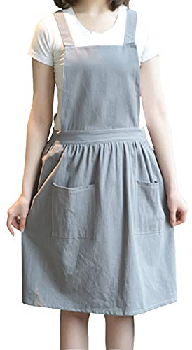 Barrageon Mujeres Largo Delantales 2 Bolsillos Correas Ajustable Algodón Cafetería Restaurante Vintage Barbacoa Bar Arreglos Florales Cafetería Cocinar Hornear Ropa de Trabajo Unisexo (Gris)