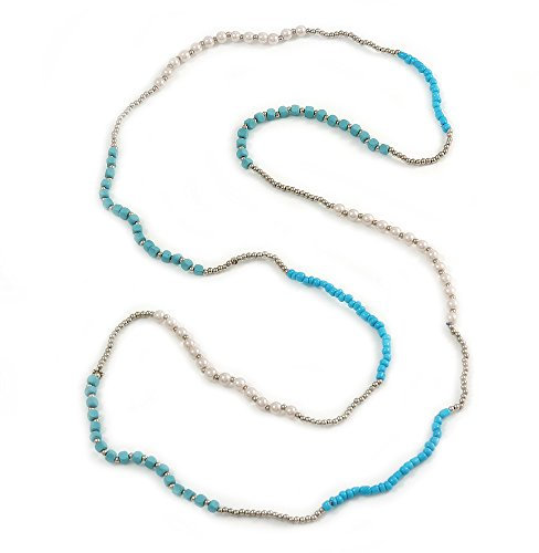 Avalaya Turquoise Bead, Faux Pearl and Acrylic Bead Long Necklace/ 124cm L