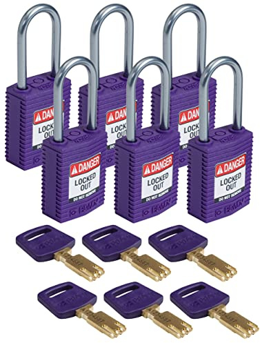 Brady (CPT-PRP-38AL-KD6PK) SafeKey Nylon Lockout-Vorhängeschloss - kompakt Mit Aluminium Bügel 38.00 mm Lila KD - Verschiedenschließende Schlösser 6 Stück