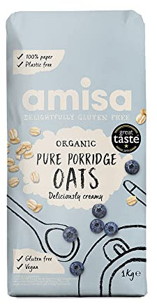 Amisa Organic Gluten-Free Porridge Oats, 1kg - Batch Tested, High Fibre, 100% Recyclable Paper Packaging - Ideal for Breakfast, Cooking & Baking , Pack of 1