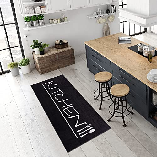 Pasha Home Küchenläufer, Flurläufer – Waschbar bei 30 °C, rutschfest, Pflegeleicht – Indoor-Teppich für Küche, Flur, Wohnzimmer – Perfekt für Innenräume – Schwarz-Kitchen, 80x150 cm