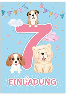 Junapack 12 Einladungskarten zum 7. Kindergeburtstag Einladung zum siebten Geburtstag Mädchen Hunde