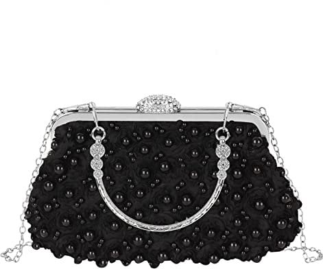 MilyaDE Damen Perlen Blumen Clutch Strass Hochzeit Braut Brautjungfer Handtasche Party Abendtasche Umhängetasche mit Handgriff Kette Gurt, Schwarz