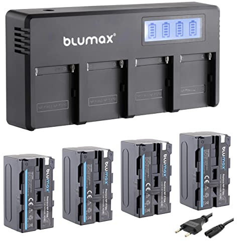 Blumax 4X Akku NP-F750 / NP-F570-5200mAh LG Zellen + LCD 4-Kanal Schnell-Ladegerät | kompatibel mit Sony NP-F530 NP-F550 für Blitzgeräte Videoleuchten Fieldmonitore