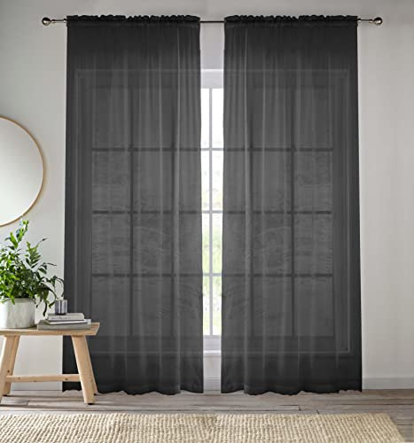 Enhanced Living Black Voile Curtains for Living Room Panel Pair - 57 Wide x 72 Drop - Plain Woven Slot Top Sheer Curtains (57x72) 145x183cm