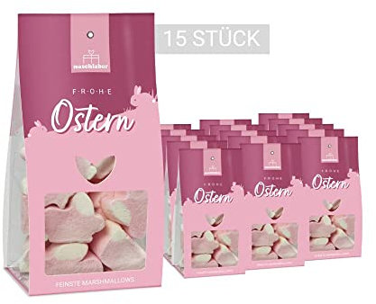 15 Stück Frohe Ostern Marshmallow Tüte | Ostergeschenk für Kinder und Erwachsene | Hasen Nascherei für das Osternest | Große-Verpackung