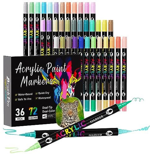 Sonlaryin Rotuladores Acrilicos 72 Colores 36 Piezas, Rotuladores de Pintura Acrílica Doble Punta con Fina y Pincel, Rotuladores para Roca, Cristal, Cerámica, Plastico, Tela, Metal
