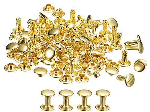 QUARKZMAN Remaches de Cuero 50 Kits, Remaches de Doble Tapa 8mm, Altura 10mm, Remache de Pernos Metálicos para Reparación Artesanía Cuero DIY Monedero Cinturón Bolsa Zapato, Tono Dorado