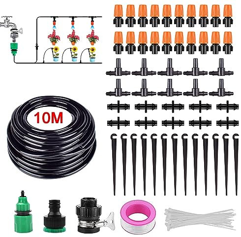 UCLEVER 104pcs Micro Drip Irrigation Kit, Garden Irrigation DIY System Adjustable Nozzle, Automatic Watering Kits for Garden, Greenhouse, Lawn, Patio,Terrace Plants (10M 104pcs)