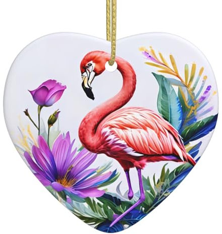 Splash Aquarell-Kunst, Flamingo-Weihnachtsschmuck, herzförmige Weihnachtsdekoration zum Aufhängen, Ornament für Weihnachtsbaumschmuck, Keramik-Andenken, Geschenk, Weihnachts-Keramik-Ornament,