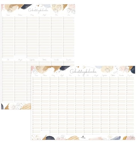 DIN A2 Geburtstagskalender immerwährend I jahresunabhängiger Wandkalender Gold-floral