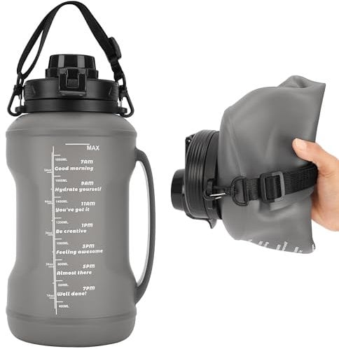 BELLE VOUS Trinkflasche 2 Liter - Zusammenklappbar - Silikon - Thermoskanne 2 L - mit Griff und Strohhalm - Wiederverwendbarer Becher 2l - für Camping und Fitnessstudio - Grau