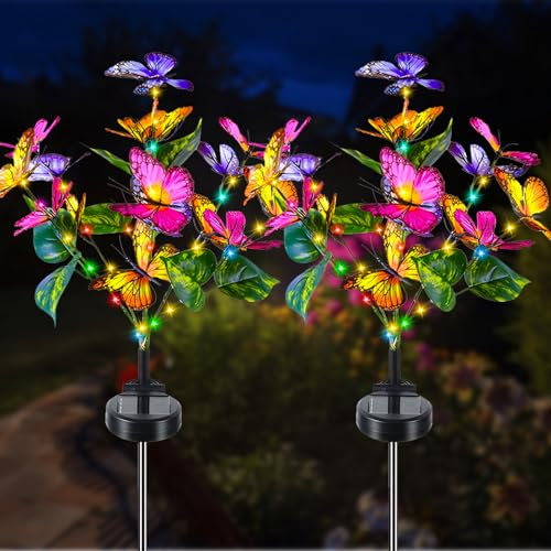 Solarlampen für Außen Garten, 2 Pack Schmetterling LED Solarleuchten 2 Modi Gartendeko, IP65 Wasserdicht Solar Gartenleuchten für Garten Balkon Terrasse Dekoration Geschenke für Frauen Muttertag