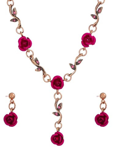 Dishowme Lot de 3 colliers et boucles d'oreilles en forme de fleur de rose avec pendentif en cristal vintage pour femmes et filles, Verre