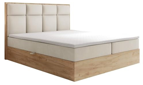 TRADA Boxspringbett 200x200 cm - mit Bettkasten und Taschenmatratze - Selva - Bett mit Topper - Boxspringbett mit Holzelemente - Weiß