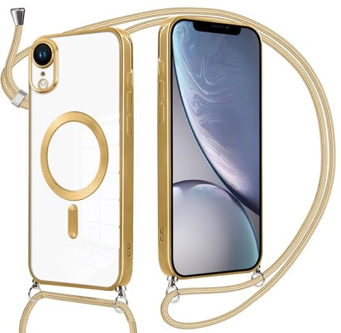 Oelrstfe Handyband Handyhülle für iPhone XR Hülle Magnetisch mit Band, Durchsichtig TPU Silikon Case mit Kordel zum Umhängen Abnehmbar Kratzfeste Stoßfest Schutzhülle Necklace Frauen, Gold