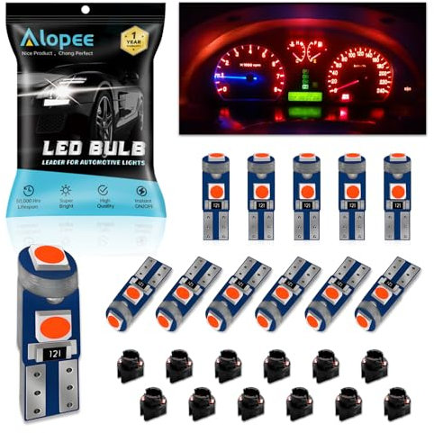 Alopee Lot de 12 Ampoule T5 Led Rouge avec Douille 12V 20Lumens 3SMD 3030 - Auto Ampoule Tableau de Bord, Compatible W1.2W 2721 2723 74 37 286 PC74 PC37