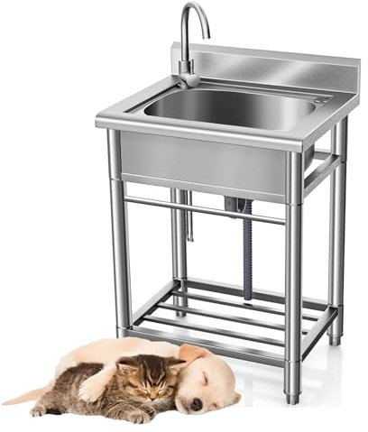 55 * 50 * 85cm Einbauspüle Klein Einzelbecken Küche Mobile Spüle mit Backsplash Abfluss Sieb mit Kalt und Warmwasserschläuchen for Restaurant, Wäscherei, Garage, Außen