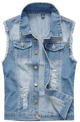 Men's Denim Vest Jacket, Casual Slim Sleeveless Gilet, Ripped Lapel Denim Coat, Classic Vintage Cowboy Waistcoat Outwear with Pockets for Punk Motorcycle Biker Western Style Summer Button Vest Top