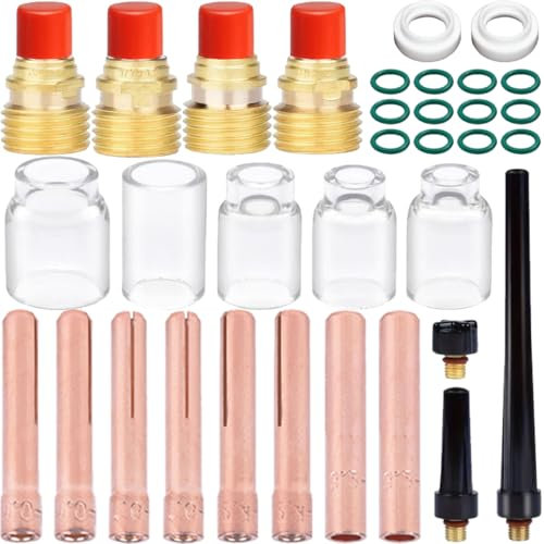 EATBALE Welding Torch Stubby Collet Bodys Kit for TIG DB SR WP 9 20 25 Welder Gun, Gas Lens, #6 ~ #12 Glass Cup Consumables, 41V33 41V35 41V24 Back Cup, 0.04 ~ 1/8(1.0~3.2mm) Collet, Gasket (38Pcs)