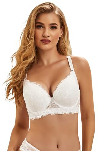comeondear Womens Minimiser Bras for Large Busts Underwired Plus Size Wide Back Bra for Women UK Support Push Up Padded Bras Lace Balconette Bras Ladies Demi Full Coverage Bras Soft White 38E DD