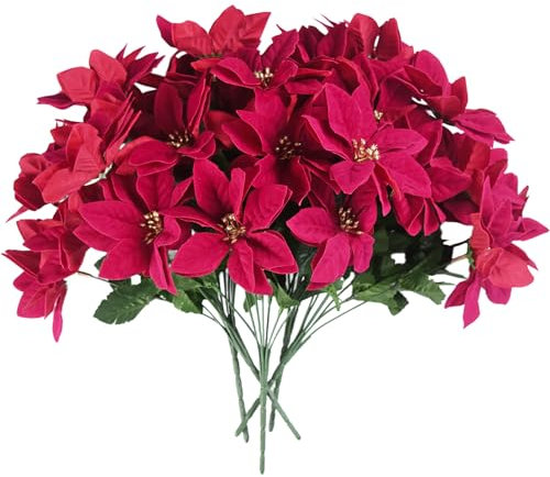 Kinisty Artificial Poinsettia Bushes 5 Pack Fake Flowers Red Faux Christmas Flowers Bouquet 7 Heads, Decorative Silk Flowers for Christmas Tree, Window Box Indoor Outdoor Decorations