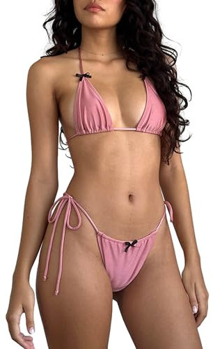Y2k Bikini-Set für Damen, Schleife, Halfter String, Triangel-Bikinis, seitlicher Schnürung, zweiteiliger Badeanzug, Leder Rosa, L