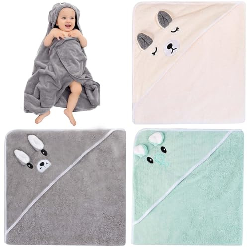 Leikurvo 3 Pcs Kapuzenhandtuch Baby Handtuch: 105x105cm Baby Badetuch Set Waschlappen Erstausstattung Babyhandtuch mit Kapuze, weich Unisex Babygeschenke für Neugeborene(grau, hellgrün, cremefarben)
