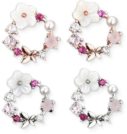 2 Stück Silber und Roségold Ohrstecker, Verhindern Allergien Zirkonia Frauen-Bolzen-Ohrringe, Mit Hübscher Schmetterling Bunte Blumen Perle, Für Partei, Hochzeiten, Verlobungen