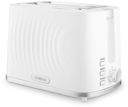 Tower T20090WHT 2-Slice Toaster with 7 Browning Levels, Defrost, Reheat & Cancel Settings, Removable Crumb Tray, 900W, White