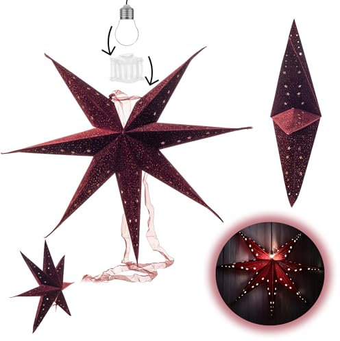 KADAX Papierstern 65 cm, Weihnachtsstern zum Aufhängen, Papiersterne für Weihnachten mit einzigartigem Falt-Design, Weihnachtssterne, Faltsterne (Weinrot)
