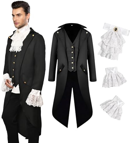 YQVGFBY Mittelalter Kleidung Herren Kostüme Mittelalter Steampunk Jacke, Gothic Frack Mantel, Viktorianische Frack Herrenkostüme für Männer, Halloween Piraten Vampir Cosplay