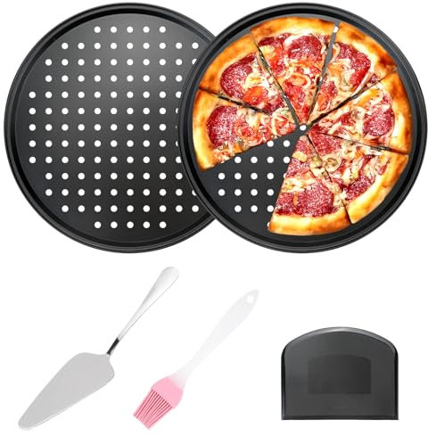 SITAKEGS Set di 2 teglie per pizza in acciaio inox antiaderente con fori per forno, teglia per pizza rotonda con pennello a olio, spatola, teglia forata per forno, grigliate, cottura e pizza