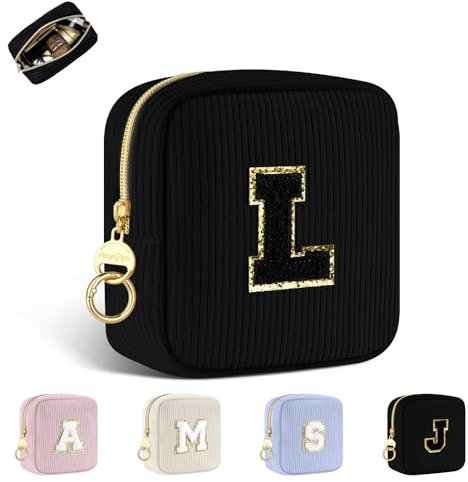 Petit Trousse Personnalisable Pochette Maquillage Femme Mini Trousse de Toilette Fille avec Initiale Sac de Cosmétiques en Velours Côtelé Personnalisée Cadeau Anniversaire Noël Filles Maman(Noir-L)