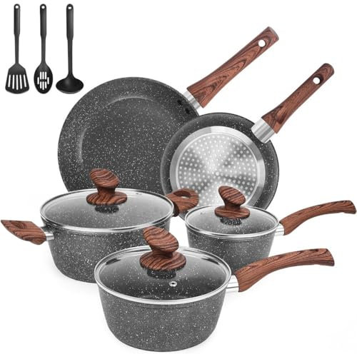 ASumPio Granite Pots and Pans Set Ultra Nonstick 11 Piece Die Cast Cookware Sets with Frying Pan Sauce Pan Stockpot,11 PC,One,11 PC-One