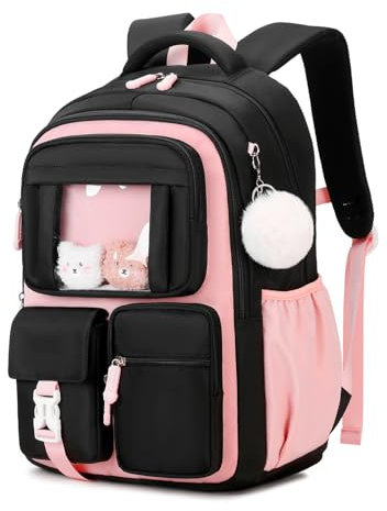 PIG PIG GIRL Kinder-Rucksack für Mädchen, Schultaschen für Mittelschule, Schüler, Büchertasche für Grundschule, Schwarz und Rosa, Einheitsgröße