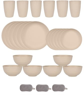 24 Pièces Ensemble de Vaisselle en Plastique Pour 6 Personnes Bols Assiettes et Gobelets Incassables Couverts de Pique Nique Réutilisables Passe au Micro Ondes et Au Lave Vaisselle (Beige)